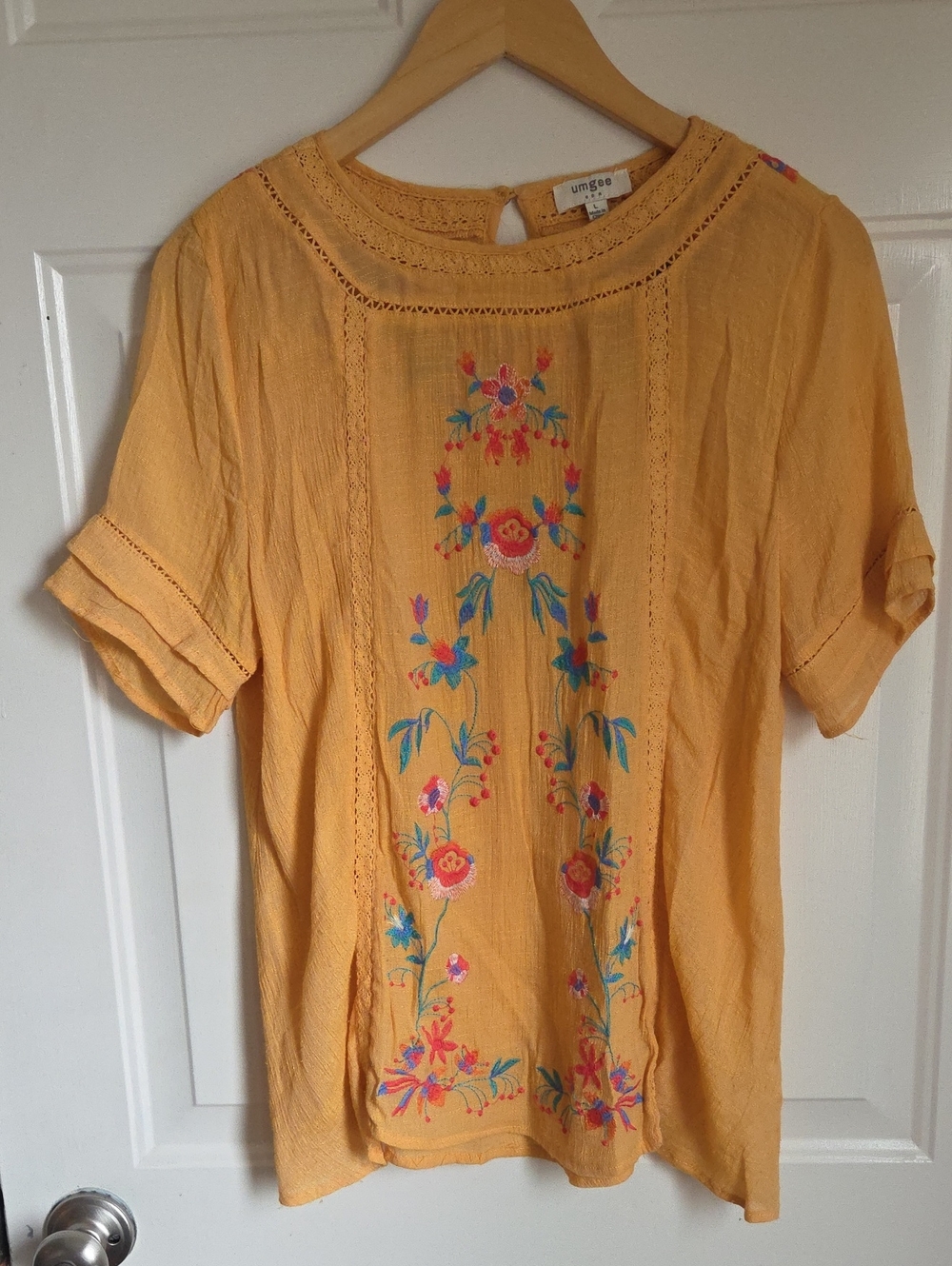 Umgee Yellow Embroidered Floral Peasant Blouse